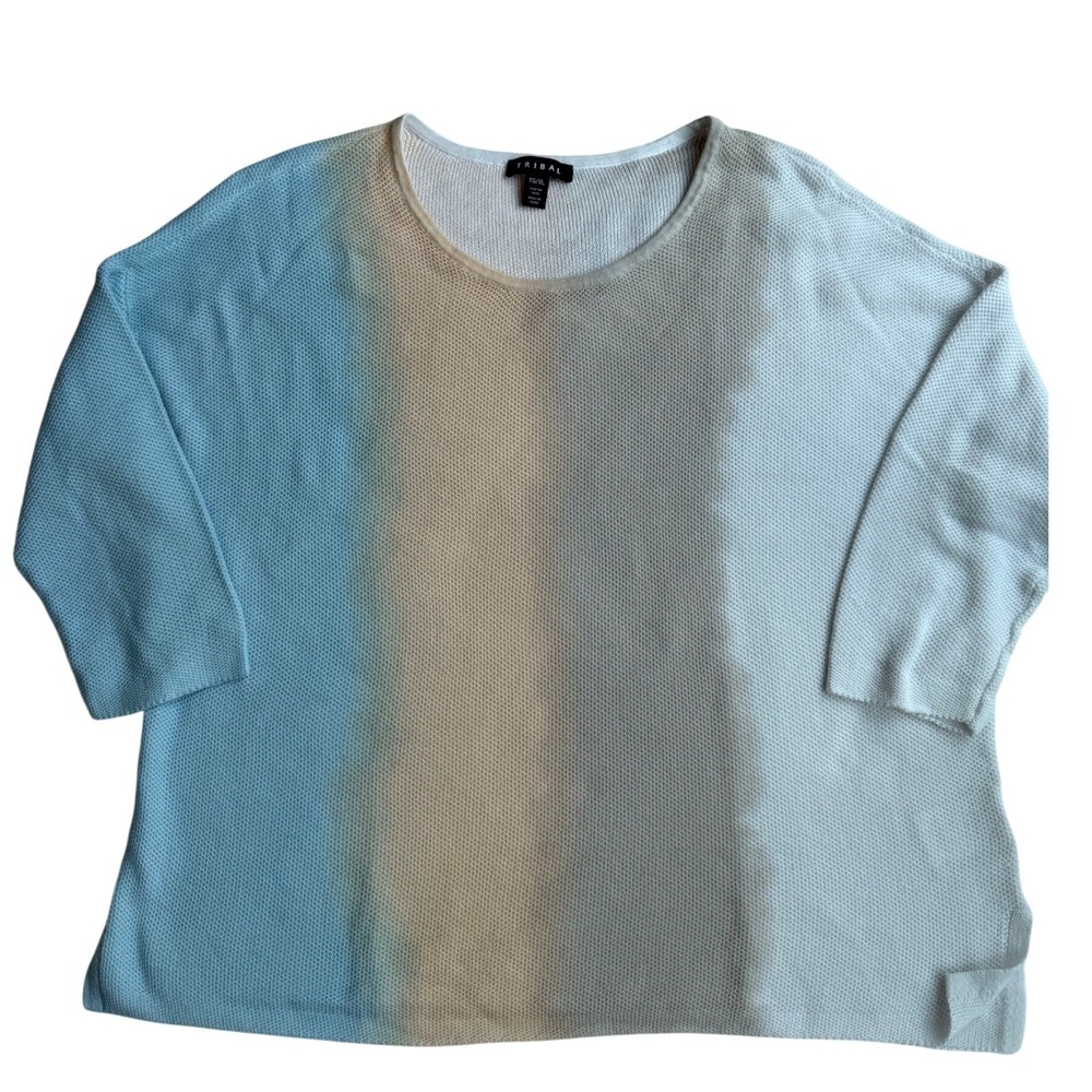 Tribal Womens Blue Tan Ombre Cotton Knit Sweater 3/4 Sleeve XL 4874O-576